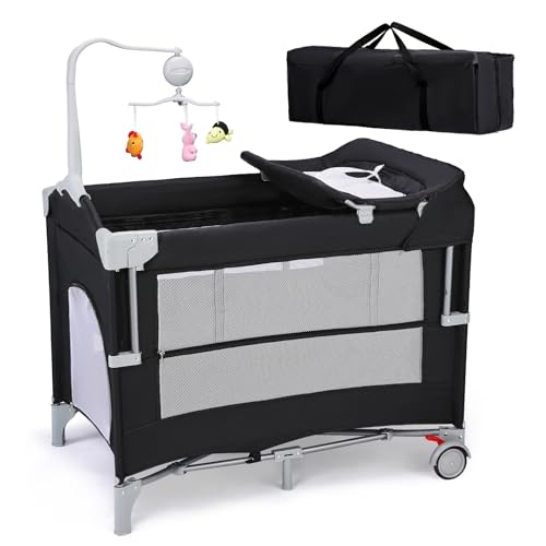 Image of JOYMOR 5-in-1 Pack and Play with Bassinet and Changing Table, Lightweight Travel Crib, Foldable Baby Playard, Waterproof Changing Top, Carry Bag & Wheels