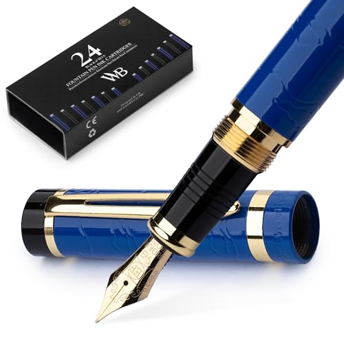 Image of Wordsworth & Black Primori Fountain Pen Set for Writing, Extra Fine Nib | Blue Gold, Gift for Men Women, Metal Body, 18K German Iridium, Calligraphy, Converter + 24 Ink Cartridges, Refillable