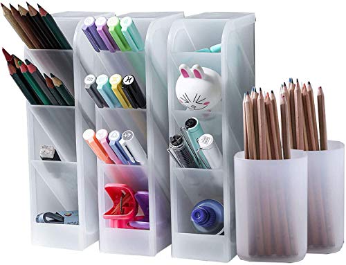 SaPeal 5 Pcs Desk Organizer - Pen Organizer Storage for Office, School, Home Supplies, Translucent Black Pen Storage Holder, Set of 3, 2 Cups 14Compartments (White)