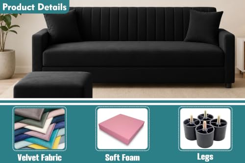 Image of 3 Seater Wooden Sofa Set with Ottoman for Living Room | Premium Velvet Fabric Wooden Frame | Modern Design | Comfortable Cushioned Sofafor Home, Office & Lounge | Black