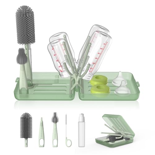 Image of YOTIME Travel Bottle Brush Set, Auto-Open Rack & Vertical Brushs Drying Slots, 3 Brushes, Foldable Drying Rack, Dispenser, Travel Baby Essentials for On-The-Go Parents, Transparent Green
