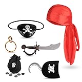 whatstem Pirate Costume for Kids, Halloween Party Pirate Costume Set 7 Pcs, Carnival Dress Up Costume, Pirate Cosplay, Kids Role Play Game, Boys Girls Party Favors Accessories
