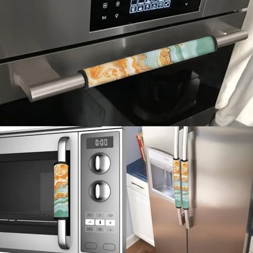 Image of Gold Marble Fridge Door Handle Covers Set of 6 Refrigerator,Microwave, Oven Door Handle Covers Anti-Static Stain Adjustable Appliance Handle Covers Kitchen Accessories