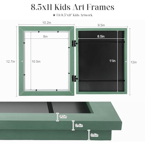 Image of [2-Pack] Kids Art Frames, 8.5x11 Front Opening Kids Artwork Frames Changeable, Olive Green Artwork Display Storage Frame for Wall, Holds 50 Pcs, for 3D Picture, Crafts, Children Drawing, Hanging Art,