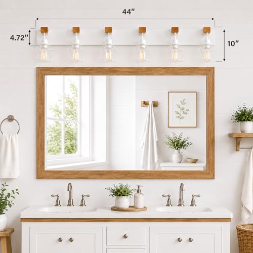 Image of Farmhouse Vanity Light Fixture,6-Light Bathroom Lighting,White Modern Wood Wall Light Over Mirror with Metal Shade,LED Bulbs Not Included