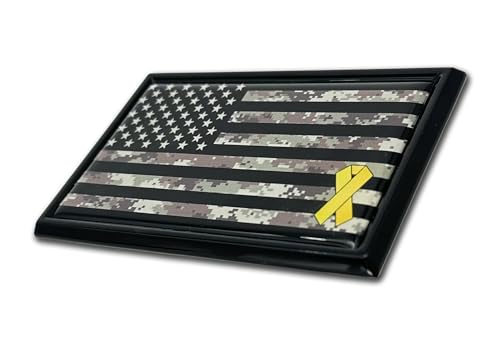 Image of Elektroplate Support Our Troops Camo Flag with Yellow Ribbon All Metal Emblem for Cars, Trucks, and All Auto | Universal Fit at 3.8 inch x 2.5 inch | Weatherproof