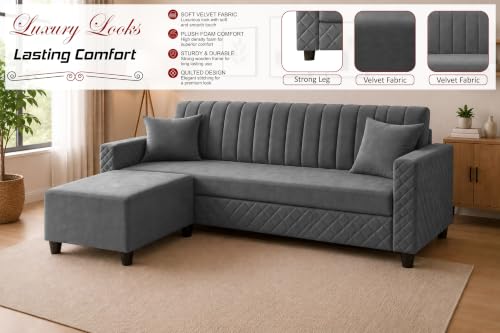 Image of 3 Seater Velvet Sofa with Ottoman | Modern Upholstered Couch | Quilted Design | Soft Comfortable Seating | Sturdy Wooden Frame | Living Room, Office - Grey