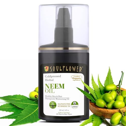Image of Soulflower Neem Oil for Hair Growth, Anti Hair Fall & Dandruff Control, Conditions Scalp, Soothe Frizz, Reduce Wrinkles & Acne 100% Pure, Natural, Organic, Cold pressed Oil, 120ml (Pack of 1)
