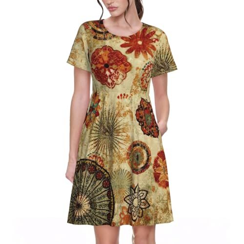 Robe d'été motif floral EdWal Medallion avec manches courtes protectrices et col rond souple