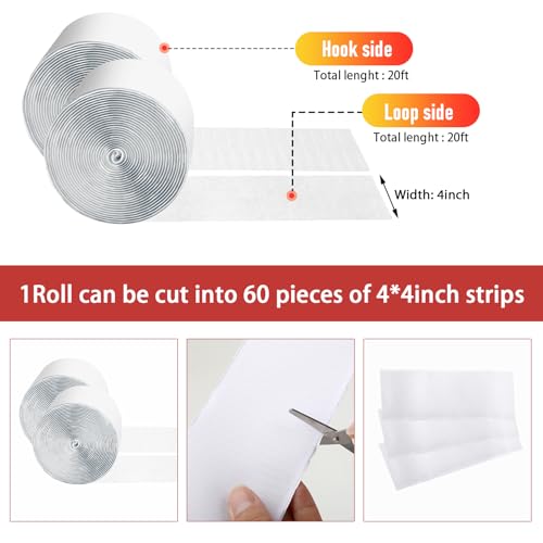 Image of 20Ft *4 Inch Hook and Loop Tape with Adhesive Back, Heavy Duty Double Sided Adhesive Strips, Strong Sticky Strips Roll for Home /Office /School /Car, White