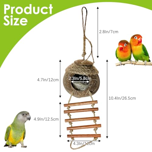 Image of Tfwadmx Coconut Bird Nest Hut with Ladder Natural Coconut Fiber Shell Hanging Coco Birds House Parrot Cage Decor for Parrot Cockatiel Lovebird Finch