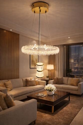 Image of Modern Luxury Stylish LED Crystal Ring Gold Finish with 3 Different Color Mode (Warm White, Cool White, Neutral White) Chandelier with Height Adjustable Hanging for Bedroom, Living, Dining,