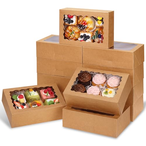 Moretoes 45pcs Cookie Boxes with Window, 9x6x3 Inch Brown Auto-Popup Bakery Boxes, Pastry Containers for Chocolate Covered Strawberries, Candy, Muffins, Donuts