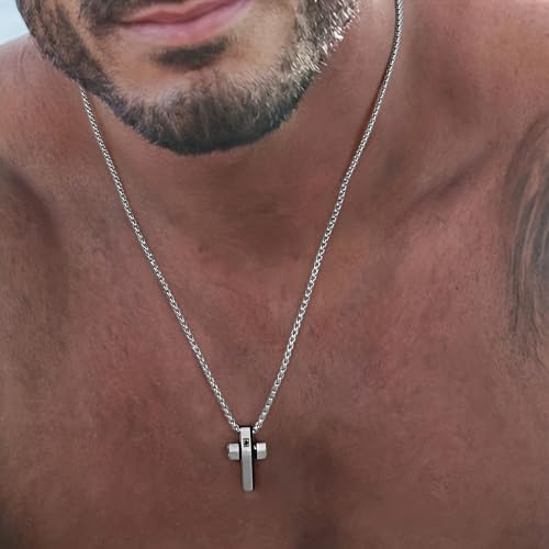 Cross Necklace for Men, Stainless Steel Christian Cross Pendant Necklaces for Men, Silver Chain Necklace for Men, Fade-Resistant, Stylish Jewelry Gift for Him