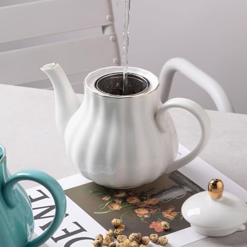 Image of Sweejar 40FLOZ Royal Teapot with Infuser,Porcelain Tea Pot (White) | Ceramic Tea Pot with Removable Stainless Steel Infuser, Blooming & Loose Leaf Teapot
