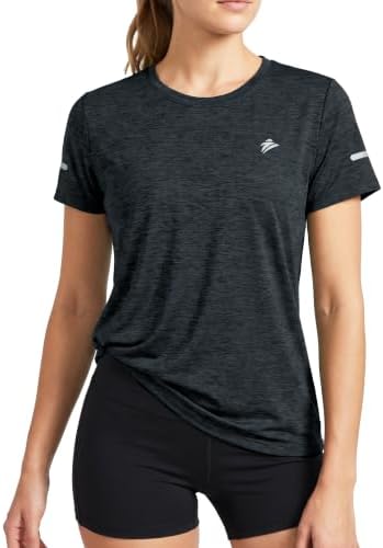 TACVASEN Damen Meliert Sport T-Shirt Laufshirt Kurzarm Sportshirt Rundhals Shirt Sommer Leicht mit Reflexstreifen