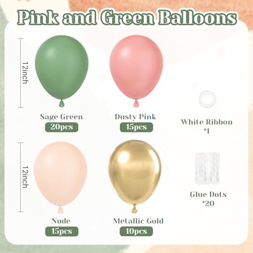 Image of 60pcs Pink and Green Balloons, 12 Inch Sage Green Dusty Pink Metallic Gold Nude Balloons with White Ribbon for Birthday Baby Shower Party Decorations