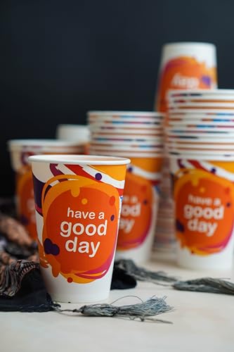 Image of PARICOTT 300ml - 200 Cups | Good Day Printed Paper Cups | Disposable Use & Throw Glasses for Tea, Coffee, Juice, Water, Wine, Cocktail, Party, Events, Wedding, Travel - Eco-Friendly