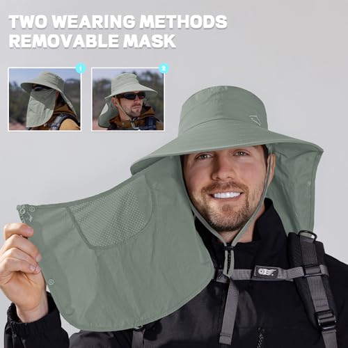 Image of Rosoz Sun Hat for Men Women with Neck Flap,Wide Brim UPF50+ Fishing Hat with Detachable Face Cover Outdoor Sun Protection Hat