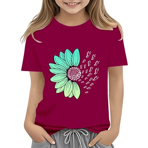 Girls Loose Fit Sunflower Graphic T Shirts Short Sleeve Crewneck Cute Pattern Printed Tops Kids (I-Wine, 3-4 Years)