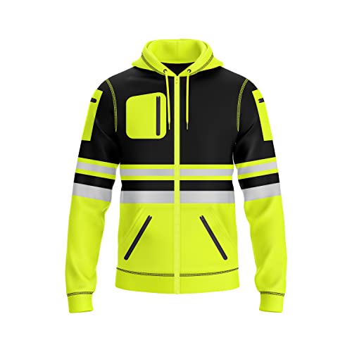 Mymixtrendz Mens Hi Vis Zip Up Multi Zipper Pockets Safety Work Wear Hoodie Reflective Tape High Viz High Visibility Zipper Hoodie Sweatshirt, Yellow Black, XL