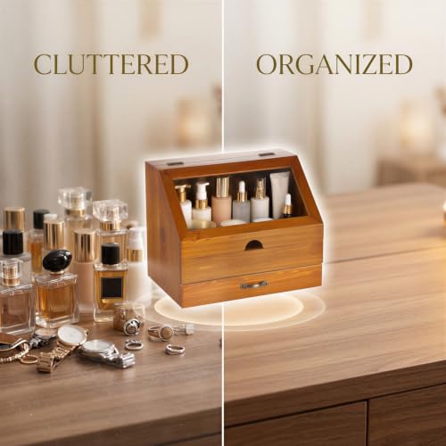 2-Tier Wood Perfume Stand Organizer, 12.6 x 8.3 x 10.2 in Cologne Storage Box with Clear Dustproof Lid, Vintage Solid Wood Storage Case with Drawer for Dresser Bathroom Vanity Countertop, Brown by Skdqiee - Used condition - Image 6