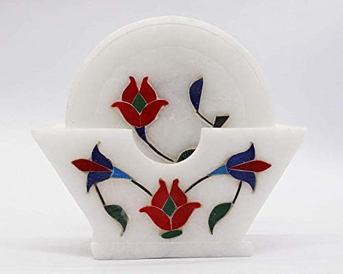 White Marble Round Coasters for Tea, Coffee, Cocktail with Inlay Work Set of 6 Pcs for Drinks Hot & Cold, Table Decorative Cocktail Coaster (Red)-image-25