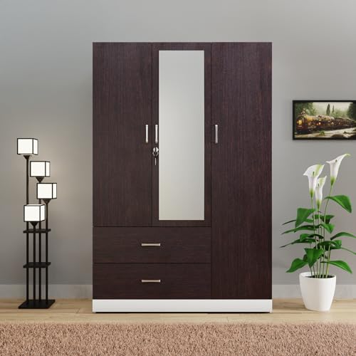 Image of VIKI Wardrobe | Wooden Almirah for Clothes,Door for Bedroom, 3 Door Wardrobe with Drawer, Mirror & Hanging Space (White & Wenge - 40D x 120W x 180H) | 1 Year Warranty | Free Assembly