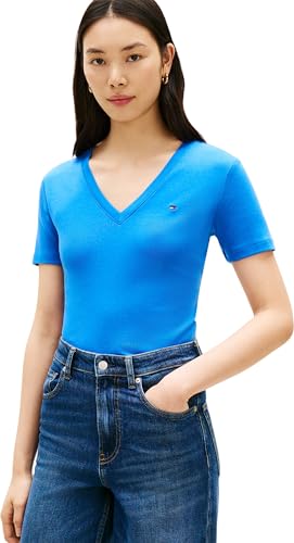 Tommy Hilfiger Damen T-Shirt Kurzarm New Slim Cody mit V-Ausschnitt, Blau (Blue Orbit), L – Ansicht 1