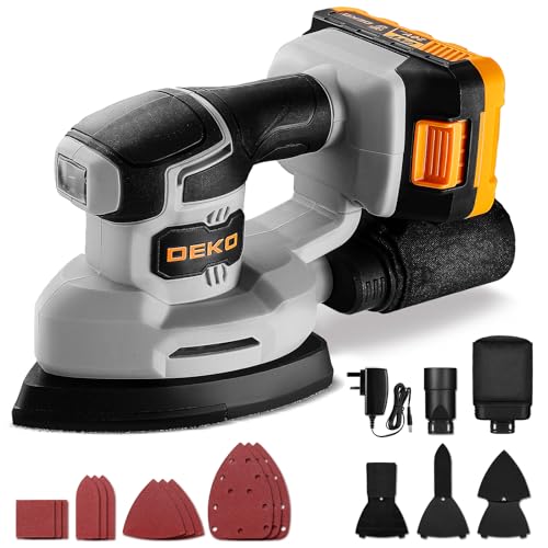 Cordless Mouse Sander for Wood: DEKOPRO 20V Detail Sander with Dust Collector and 2.0Ah Battery 13000 RPM 3 Additional Attachments 12PCS Sandpapers - Compact & Ideal for Tight Space Sanding