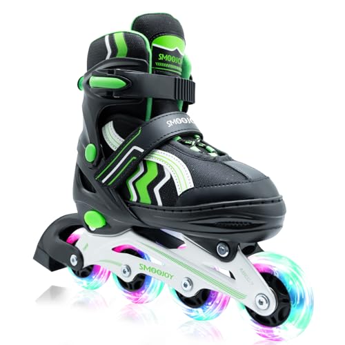 SMOOJOY Inline Skates for Kids Light-Up Wheels Aluminum Frame Black Green Blade Skate for Boys and Girls S, M, L Sizes, Ages 8-12, Perfect for Beginners Indoors and Outdoors