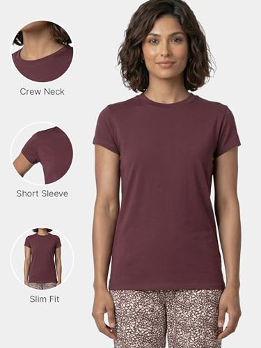 Image of Enamor Short Sleeve Crew Neck Regular Length Basic Crew T-Shirt for Women - Slim Fit, Soft and Breathable Stretch Cotton - E047