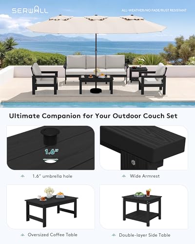 Image of SERWALL HDPE Outdoor Couch with Coffee Table & Side Table & 15FT Umbrella