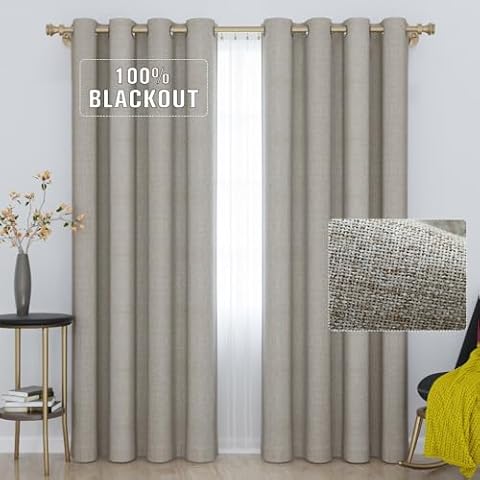 GRALI-DECOR Thermal Total Blackout Curtains, Farmhouse Natural Linen Drapes, 84 Inches Drop Draperies for Sliding Door/Hall/Dorm Window（Pack of 2 Pcs, 52-Wide Cover
