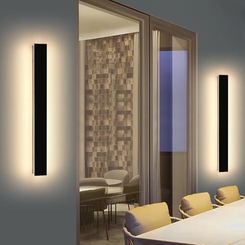 Image of 2 Pack 47.2inch Long Linear Outdoor Wall Light, 3000K Warm White Modern Wall Mounted Sconce, IP65 Waterproof, 42W, Black Exterior Lighting Fixture for Garage, Patio, Porch, Garden
