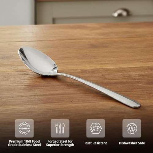 Image of Culinex 18 /8 Premium Stainless Steel 7.5 inch All Purpose Spoon Set of 12 for Dining Table, Kitchen | Heavy, Rustproof, Designer Silver Flatware By thinKitchen (Dora Series)