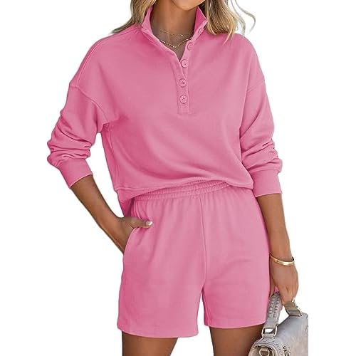 Aleumdr Women 2 Piece Outfits Sweatsuit Fashion Long Sleeve V Neck Button Down Pullover and Shorts Set with Pockets XX-Large Pink