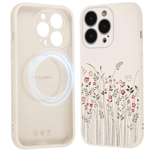 Saqmkil Funda Magnética para iPhone 16 Pro 6,3', Compatible con MagSafe, Aesthetic Flores Dibujos Mujeres Carcasa, Silicona Líquida Suave TPU Bumper Case A Prueba Golpes Protectora Cover, Beige