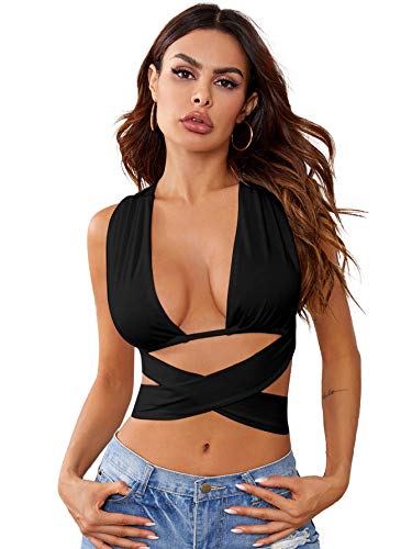 Verdusa Women s Sexy Lace Up Criss Cross Cut Out Plunge Backless Crop Tank Top Black S