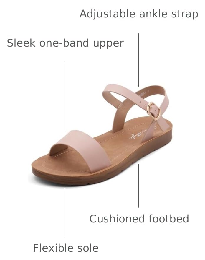 Image of Herstyle Flat Sandals for Women - Open Toe 1 Band Ankle Strap Summer Dressy Sandals, Lightweight Casual Strappy Slip-On Flats with Adjustable Buckle