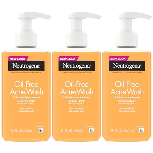 Neutrogena Oil-Free Acne Wash, Acne Fighting Facial Cleanser with Salicylic Acid Medicine, Acne Treatment for Face, Non-Comedogenic, Residue-Free, 9.1 fl oz Pump Bottles, 3 Pack