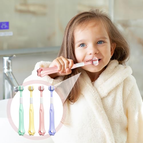 4 Stück Triplebrush Kinder,Triple Brush Dreiseitige Zahnbürste für Kinder,3-Sided Toothbrush,Dreikopfzahnbürste.Weich und Langlebig,360-Grad-Reinigung,Geeignet für kids 1-14 jahre