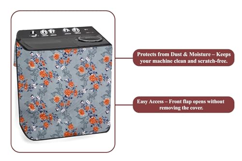 Image of The Furnishing Tree Polyester Waterproof Semi Automatic Washing Machine Cover Suitable for LG 9 Kg, 9.5 Kg & 10 Kg, Dimension DxWxH In Cms: ( 53.3x89x99 ), Floral Pattern Blue