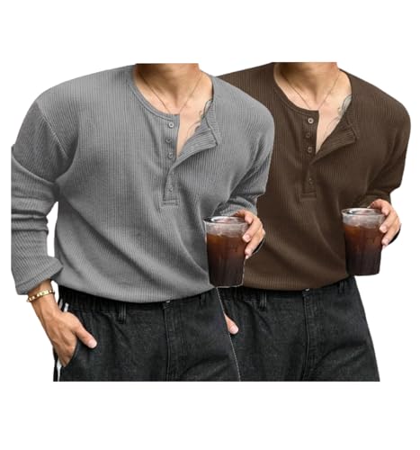 Image of Trillion Men's Textured Fabric Solid Color Basic Half-Open Collar T-Shirt, Fall Long Sleeve Men Shirt | Tshirt for Men