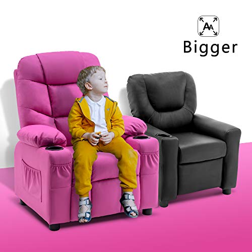 Mcombo Big Kids Recliner Chair With Cup Holders For Boys And Girls Room, 2 Side Pockets, 3+ Age Group, Faux Leather 7366 (Pink) #TOP2