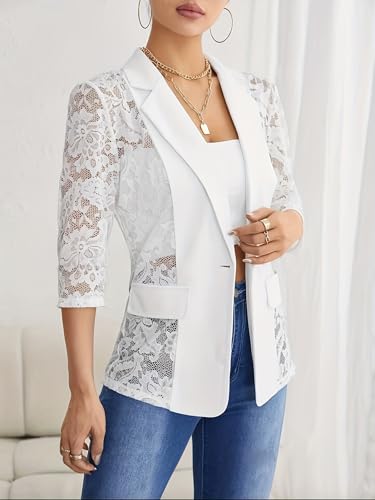 Women's Blazer Lace Mesh Crushed Cardigan Jacket 3/4 Long Sleeve Patchwork Blazer3