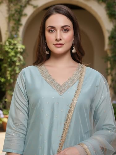 Image of Avanshee Women's Chanderi Cotton Silk with Zari Embroidery Kurta & Silk Crepe Pant Set And Net Dupatta Ethnic Wear Salwar Suit Set (ES 7539)