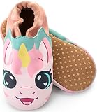 corimori Marken Echt-Leder Baby Krabbelschuhe, rutschfest | Lauflernschuhe Lederschuhe Barfußschuhe | Rose das Einhorn (rosa/blau) | 6-12 Monate