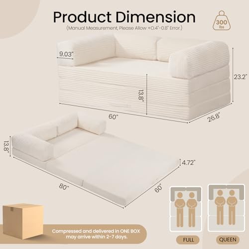 Image of Tri-Fold Foldable Mattress, Convertible Folding Sofa Bed with Removable Arms & Washable Cover, All-in-One Portable Mattress Floor Sofa Bed, No Assembly Required & Non-Slip, Queen Size, Beige
