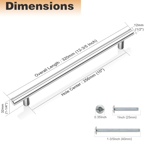 Image of Probrico 10 Pack|Polished Chrome Kitchen Drawer Pulls 10 inch Hole Centers, Euro T Bar Cabinet Handles in Chrome Dresser Pulls Kitchen Cabinet Hardware 256mm Holes